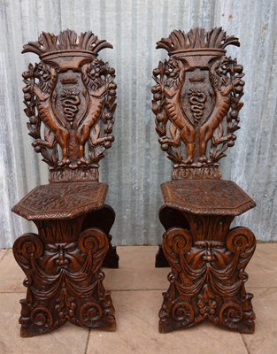 Antique Italian Carved Oak Sgabello, Antique Oak Chairs With Carvings