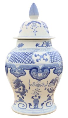 Antikes chinesisches orientalisches Keramikgefäß in Blau & Weiß mit Deckel, 1920er bei Pamono kaufen