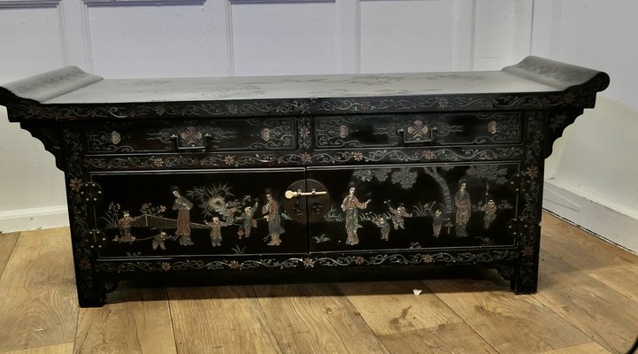 Black Lacquer Chinoiserie Low Cabinet