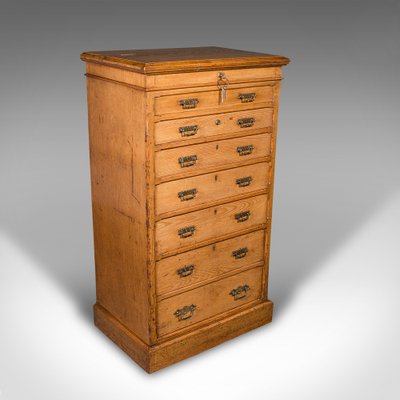 Antique English Victorian Oak Tallboy Bankers Chest of Drawers 1890s