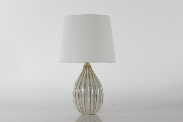 Modern Danish Pumpkin Shape with Creme Coloured Glaze Ceramic Table Lamp by Laurine 1960s