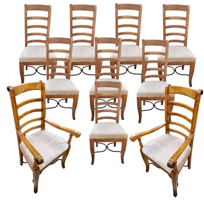 Vintage Spanish Walnut Dining Chairs in Wrought Iron Set of 10