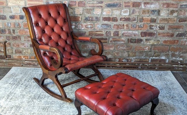 Chesterfield Slipper Rocking Chair and Footstool in Ox Blood
