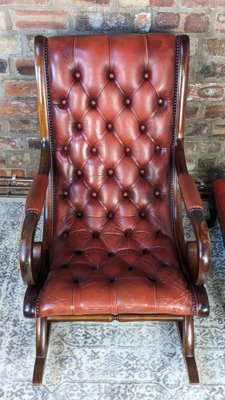 Chesterfield Slipper Rocking Chair and Footstool in Ox Blood Leather Set of 2