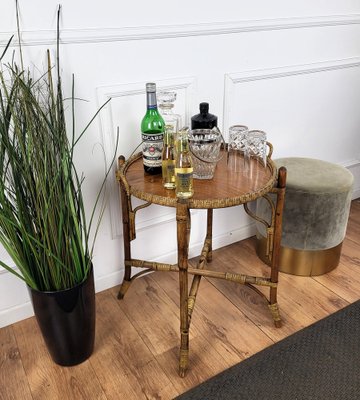 Italian Round Bamboo Rattan Side Table by Franco Albini 1970s for sale at Pamono