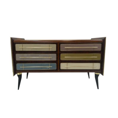 Italian Sideboard in Wood and Colored Glass,1950s