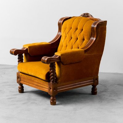 Yellow Velvet and Wood Lounge Chairs 1950s Set of 2 for sale at Pamono