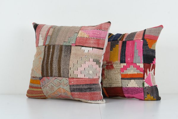 Vintage Turkish Handmade Large Patchwork Cushion Covers Set of 2 for sale at Pamono