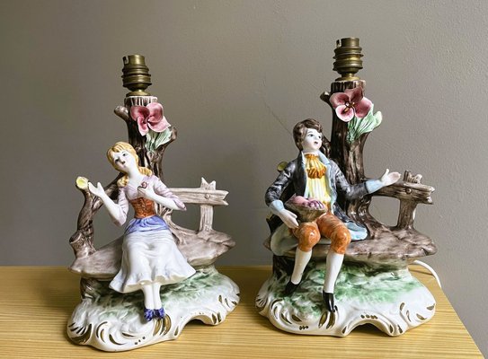 Italian Porcelain Dresden Style Romantic Figural Table Lamps by