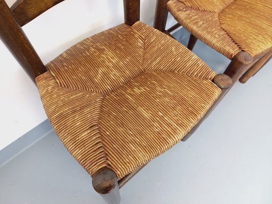 Vintage Brutalist Wooden and Straw Chairs 1960s Set of 4 for