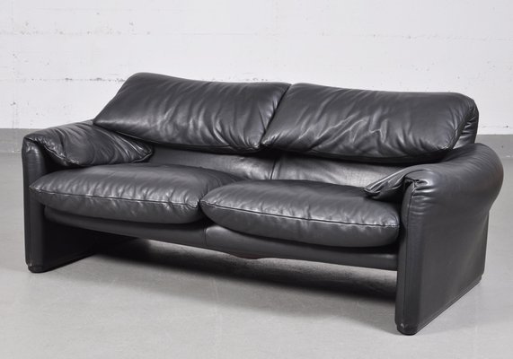 Vintage Maralunga Black Leather Two Seater Sofa By Vico Vintage Maralunga Black Leather Two