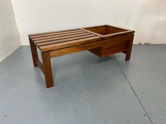 Mid-Century Modern Teak Slat Bench Side Table with Plant Stand