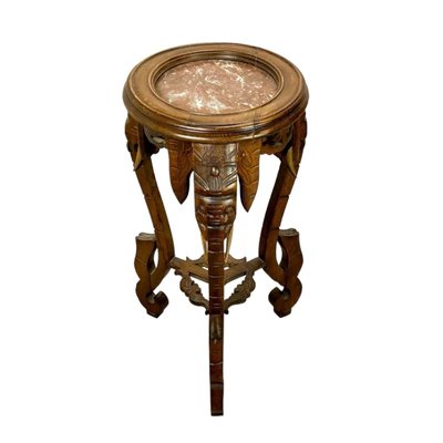 Antique Carved Wood Side Table with Marble Top