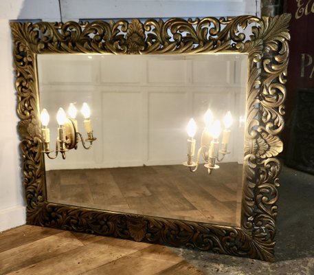 Large French Gothic Gilt Overmantel Mirror with Twin Sconces
