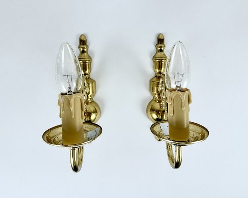Vintage Gilt Brass Sconces with Faux Candles from Massive Lighting,  Belgium, 1980s, Set of 2 for sale at Pamono