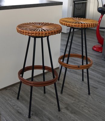 Mid Century Tall Metal and Rattan Bar Stools by Dirk Van Sliedregt for Rohe Noordwolde 1950s Set of 2