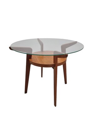 Small Mid-Century Round Oak Glass Table from Jitona Sobeslav