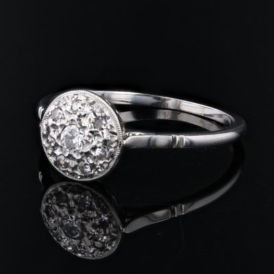 French 18 Karat Round White Gold Platinum Ring with Diamonds