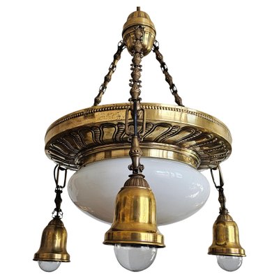 Art Nouveau Polished Brass Chandelier with Opaline Glass