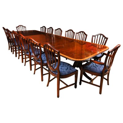 Vintage Three Pillar Mahogany Dining Table and Chairs 1980s Set of 15