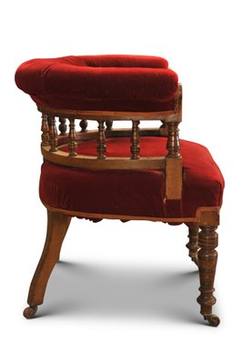 19th Century Red Velvet Leather Buttonback Captains Chair with Porcelain Castors for sale at Pamono