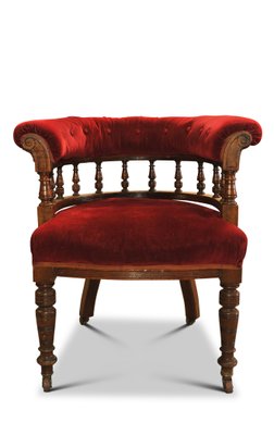 19th Century Red Velvet Leather Buttonback Captains Chair with Porcelain Castors for sale at Pamono