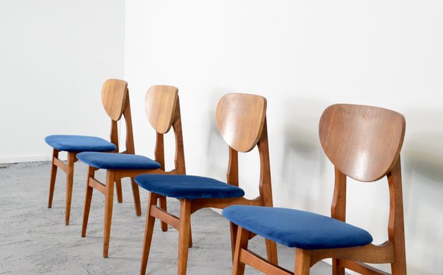 Mid-Century Teak and Velvet Dining Chairs, 1960s, Set of for
