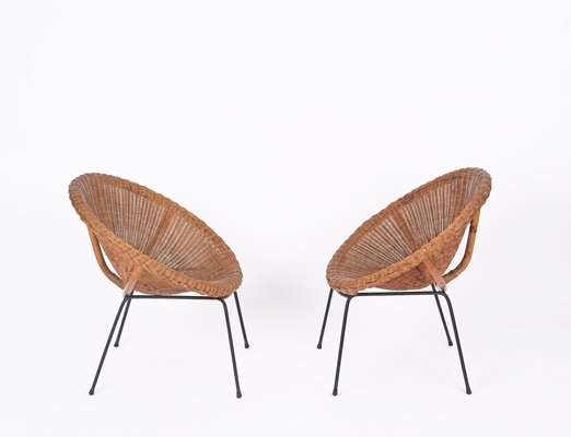 Mid Century Chairs and Coffee Table in Rattan Wicker and Iron Italy 1960s for sale at Pamono