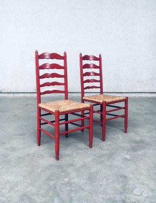 Set of Rustic Red High Ladder Back Wood & Rush Chair Set, 1930s