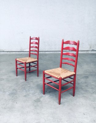 Set of Rustic Red High Ladder Back Wood & Rush Chair Set, 1930s