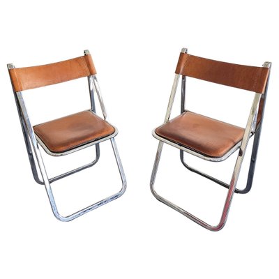Set of Model Tamara Folding Chairs in Cognac Leather attributed to 
