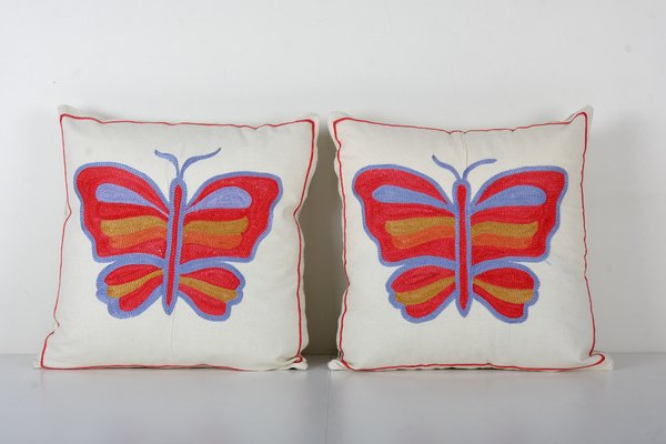 Uzbek Butterfly Wild Life Pictorial Suzani Pillow Covers, Set of