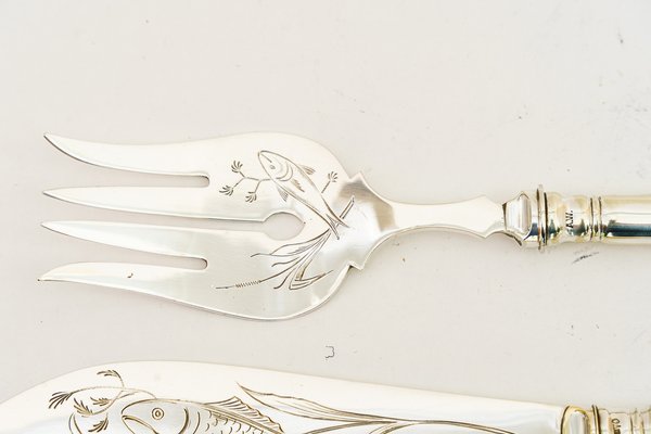 Art Deco Silvered Fish Knife and Fork Serving Set, Vienna, 1920s