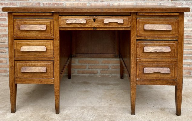 Vintage Oak Desk with Seven Drawers 1940s