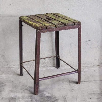 Vintage Industrial Rectangular Metal Stool France 1950s