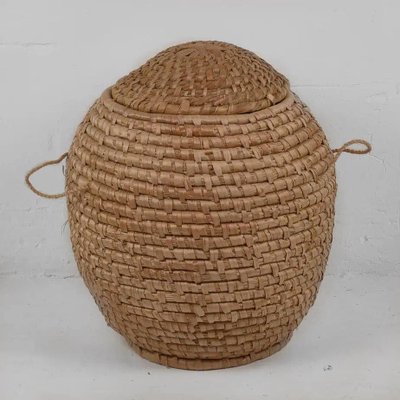 AMOYER Cesto Rotondo in Vimini con Coperchio - Pattumiera Intrecciata in Rattan per la Biancheria e Spazzatura - Ideale per Camera da Letto, Soggiorno e Ufficio