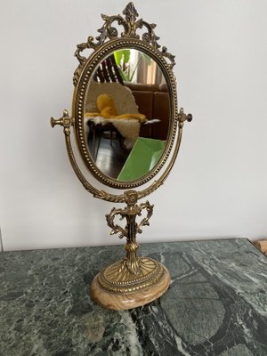 Vintage Victorian Brass Table Mirror on Marble Base 1950s for sale at Pamono