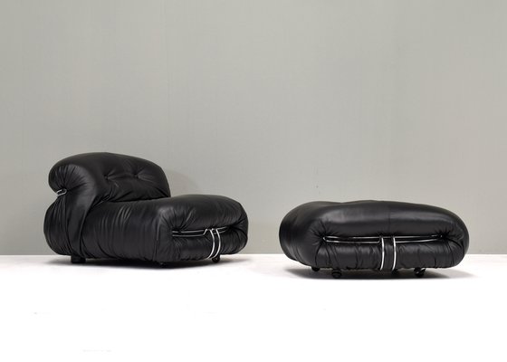 Soriana Chair and Ottoman by Tobia Scarpa for Cassina Black Leather Italy 1969 Set of 2 for sale at Pamono