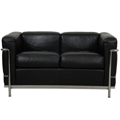 Two Seater LC2 Sofa in Black Leather by Le Corbusier 2000s for sale at Pamono