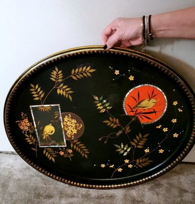 French Napoleon III Style Chinoserie Hand-Painted Metal Tray