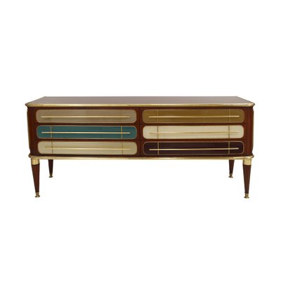 Italian Sideboard in Wood with Colored Glass, 1950s