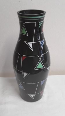 Mid-Century Black Glass Vase with Hand-Painted Geometric Colored Decor by Veb Kunstglas Wasungen, 1960s