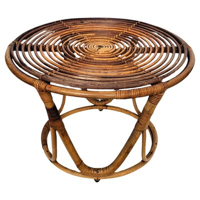 Italian Bohemian French Riviera Bamboo Rattan Round Coffee, 1960s  