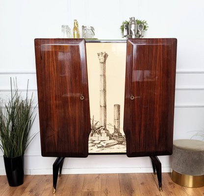 Mid Century Art Deco Italian Tall Wood Brass Decorated Dry Bar Cabinet 1960s
