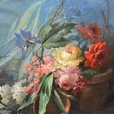 Dahlias, Roses and Hydrangeas, Oil on Canvas, 19th Century, Framed