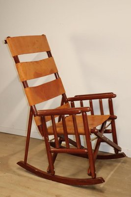 Vintage American Folding Leather and Wood Rocking Chair 1970s for sale at Pamono