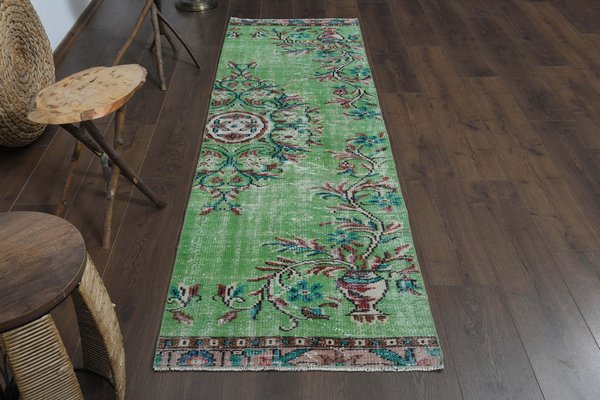 Vintage Turkish Floral Green Wool Runner Rug, 1960s for sale