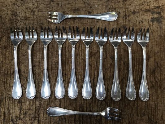 Silver Plated Oyster Forks Rubans Model from Christofle Set of 12 for sale at Pamono