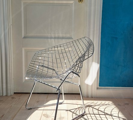 Diamond Chair in Silver with Orange Seat by Harry Bertoia for