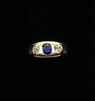 Bague Antique Or 18k - Saphir Bleu Et Diamants Taille Rose - Circa 1900 - Taille 43 - Bijou Vintage De Collection